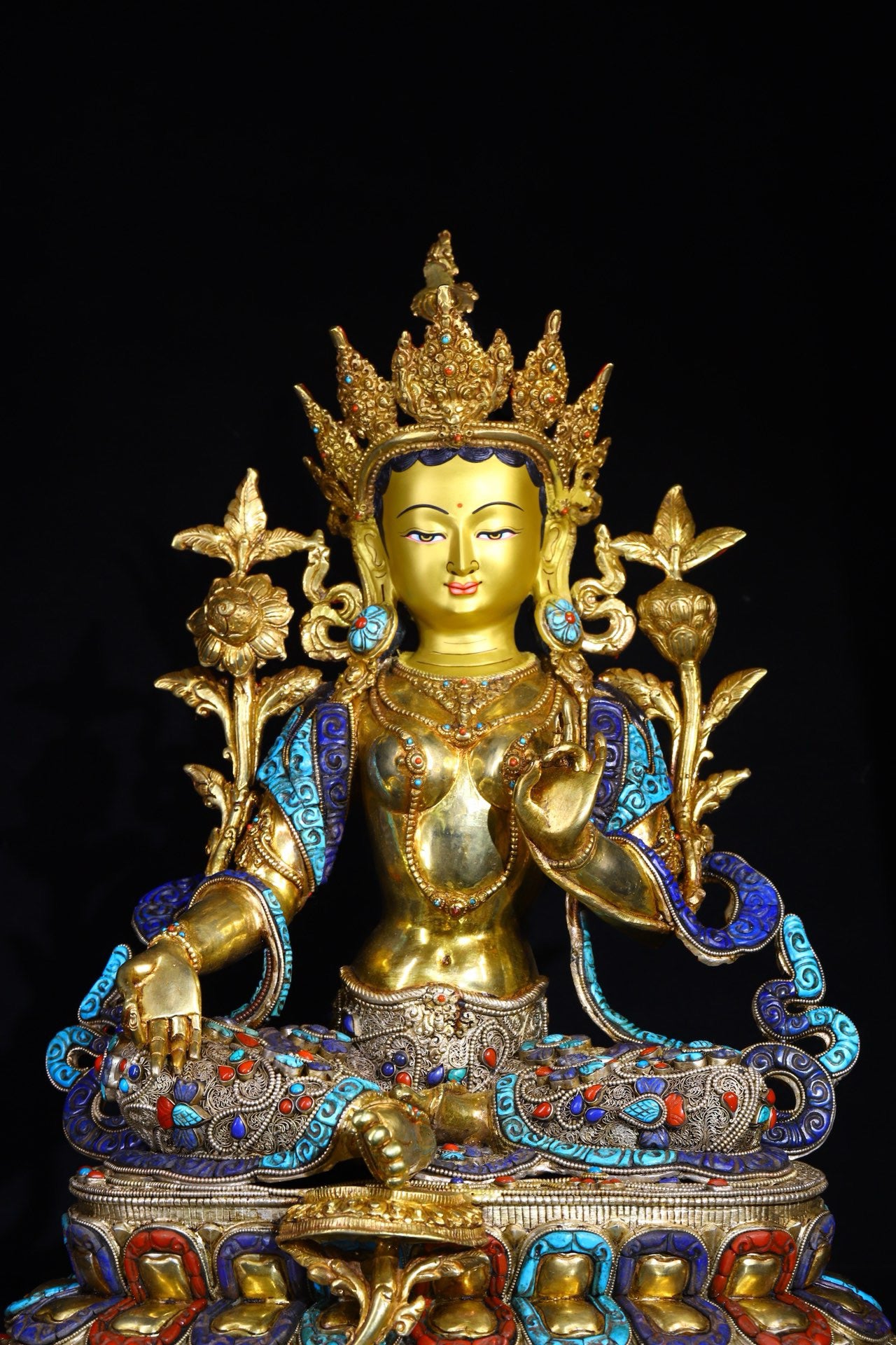 Copper body is handcrafted and carved, with silver filigree inlaid with gemstone green tara