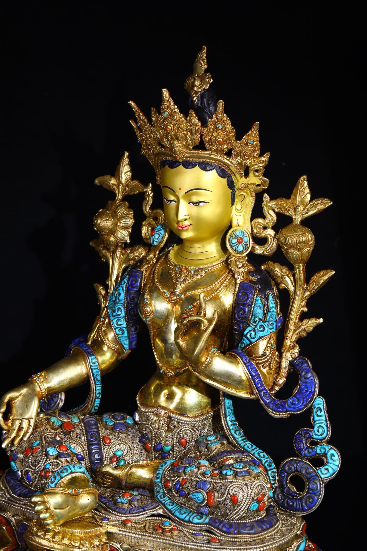 Copper body is handcrafted and carved, with silver filigree inlaid with gemstone green tara