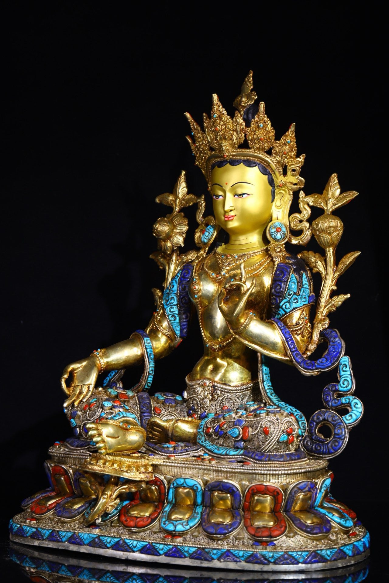 Copper body is handcrafted and carved, with silver filigree inlaid with gemstone green tara