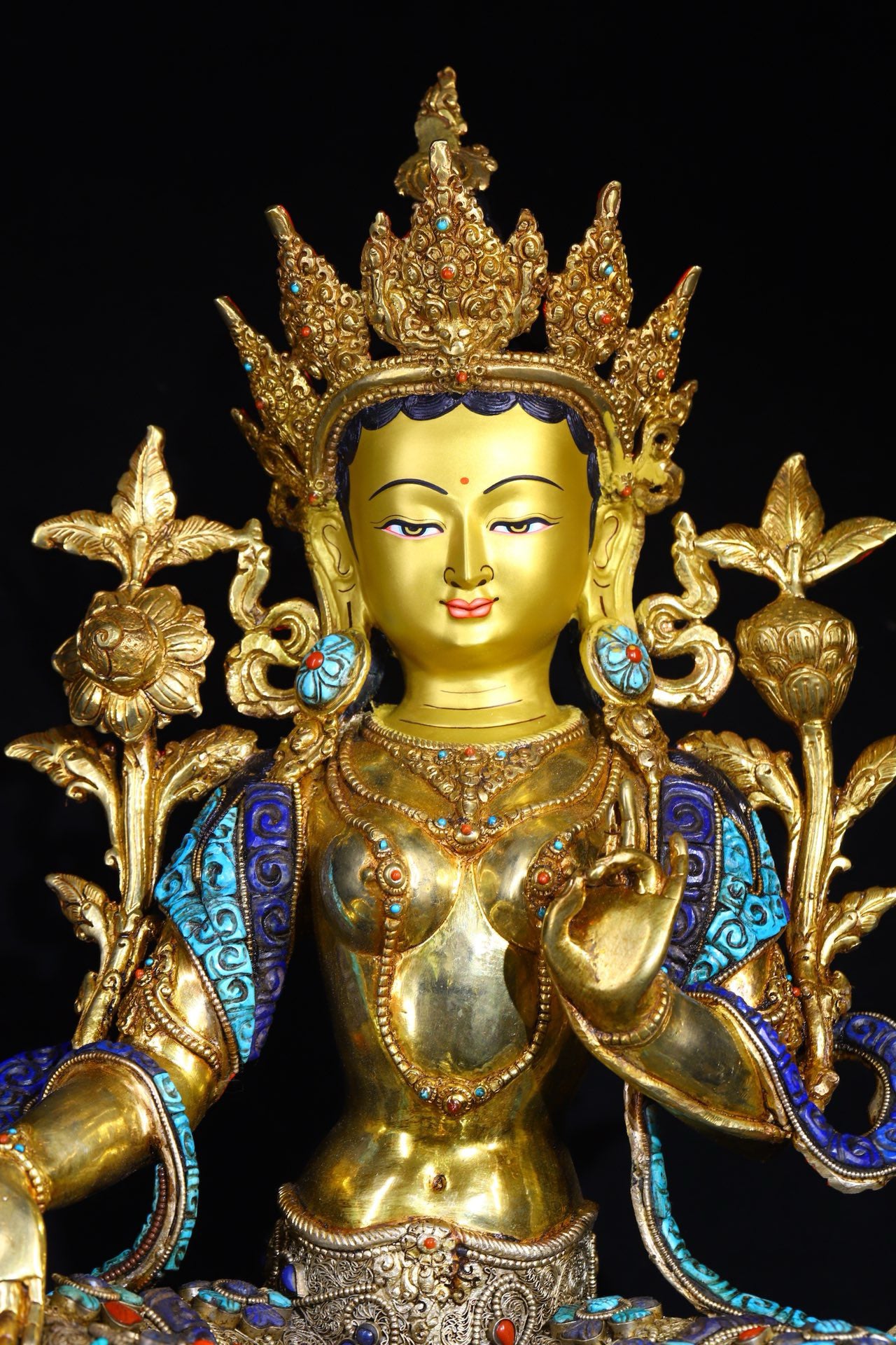 Copper body is handcrafted and carved, with silver filigree inlaid with gemstone green tara