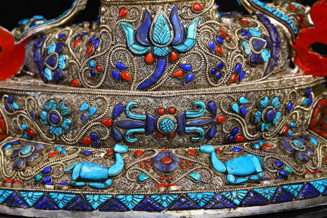 Copper body is handcrafted and carved, with silver filigree inlaid with gemstone green tara