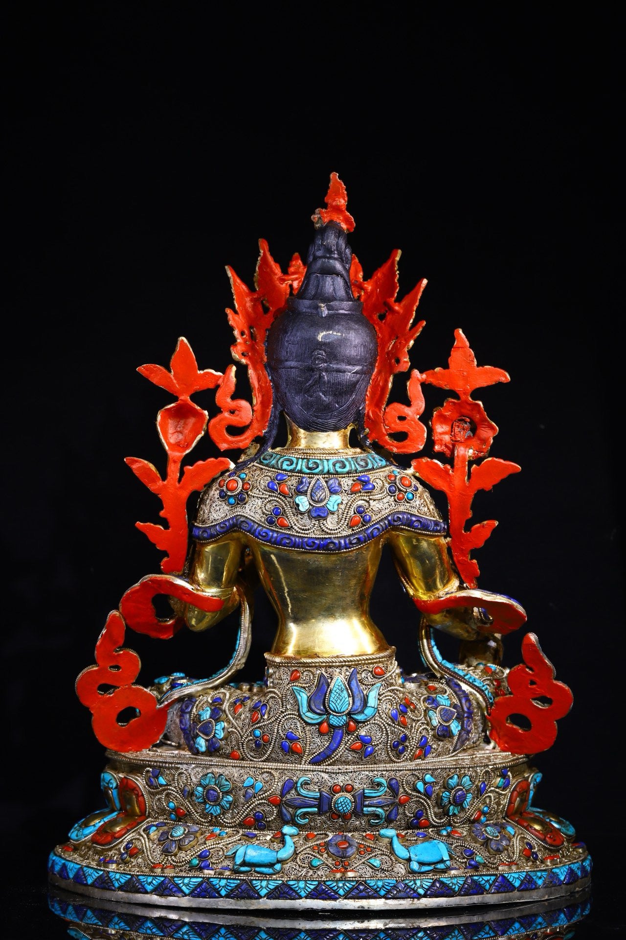 Copper body is handcrafted and carved, with silver filigree inlaid with gemstone green tara