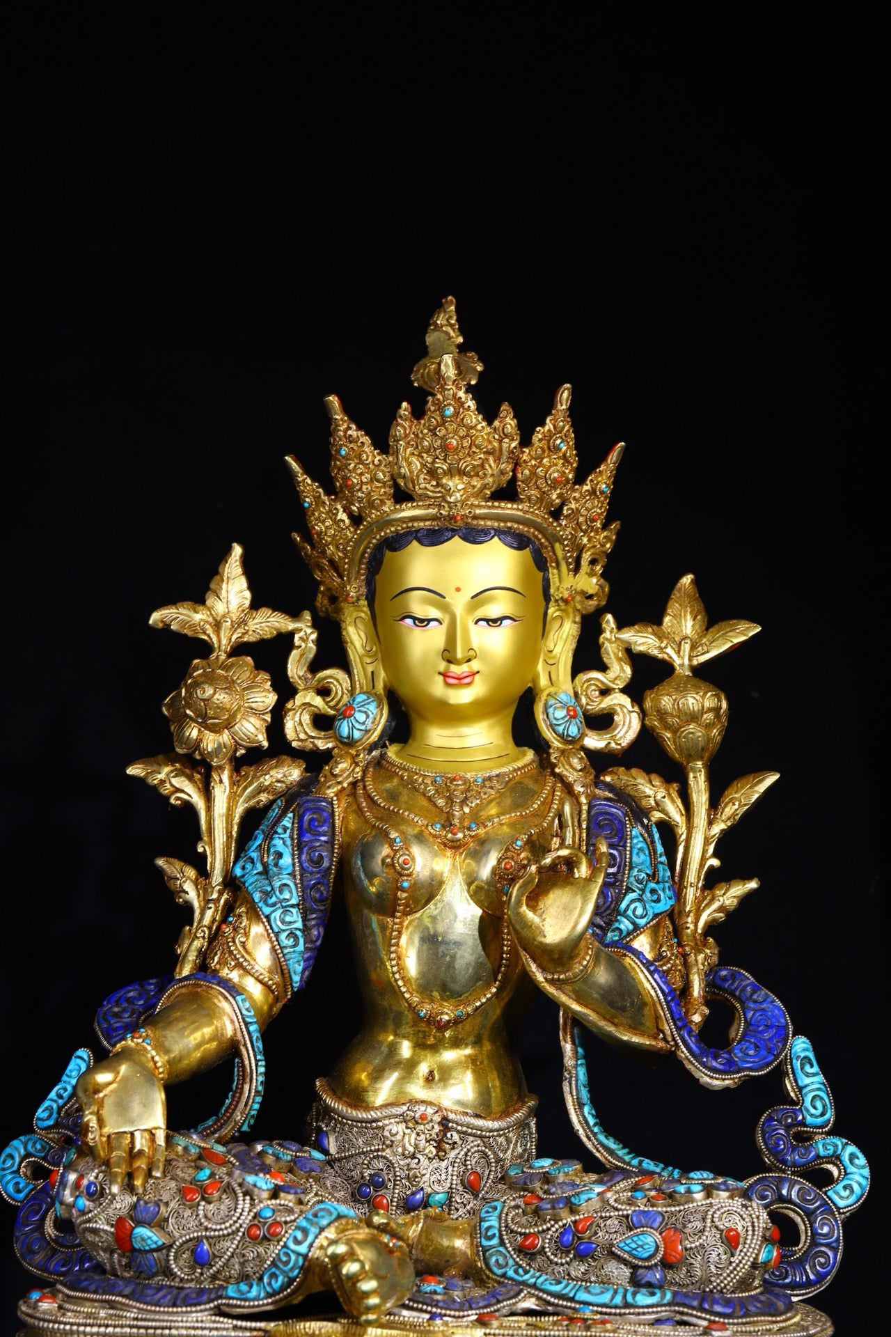 Copper body is handcrafted and carved, with silver filigree inlaid with gemstone green tara