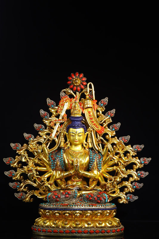 Copper gold-plated filigree inlaid with gemstones, painted with eighteen armed Zhunti Buddha Mother