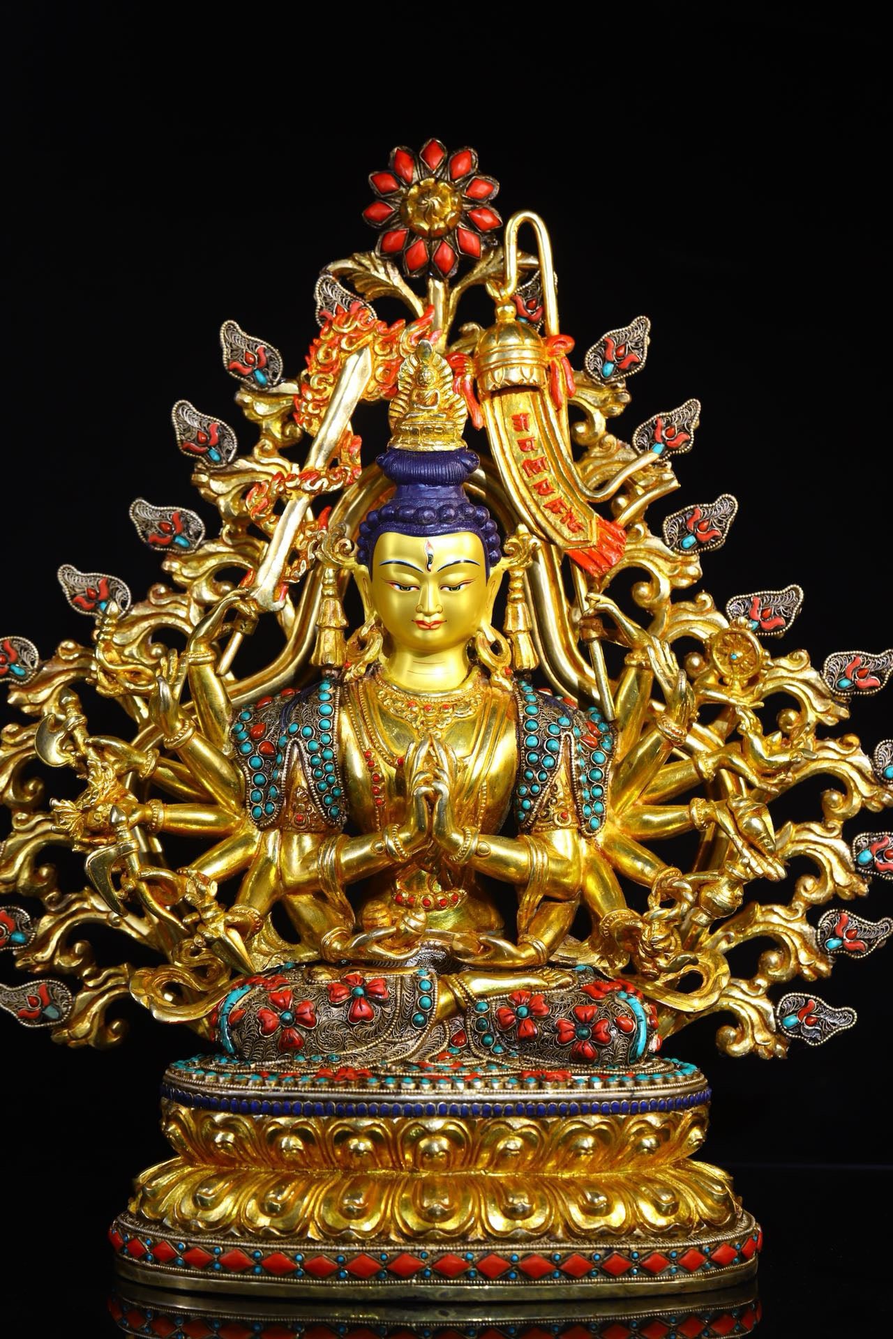Copper gold-plated filigree inlaid with gemstones, painted with eighteen armed Zhunti Buddha Mother