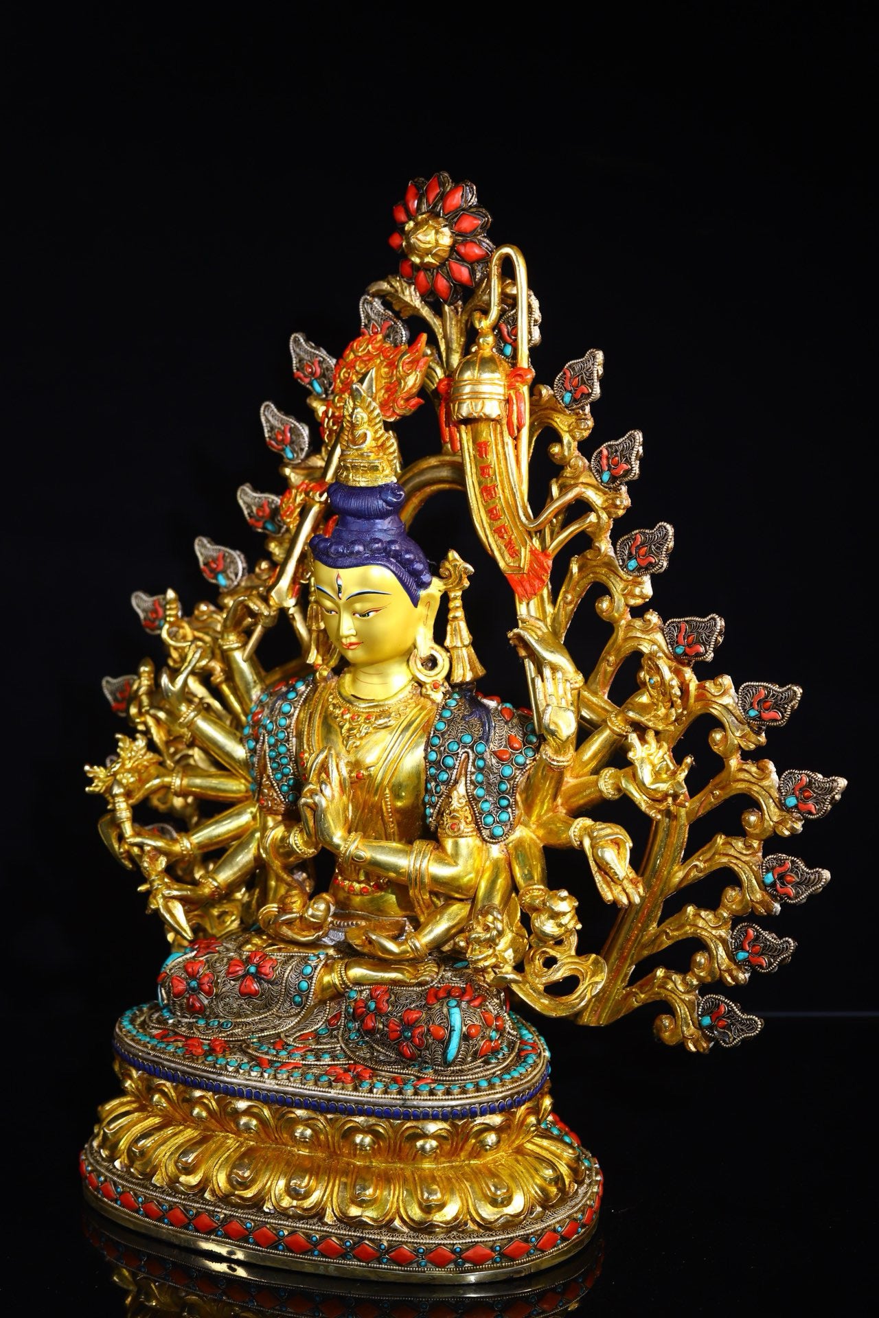 Copper gold-plated filigree inlaid with gemstones, painted with eighteen armed Zhunti Buddha Mother
