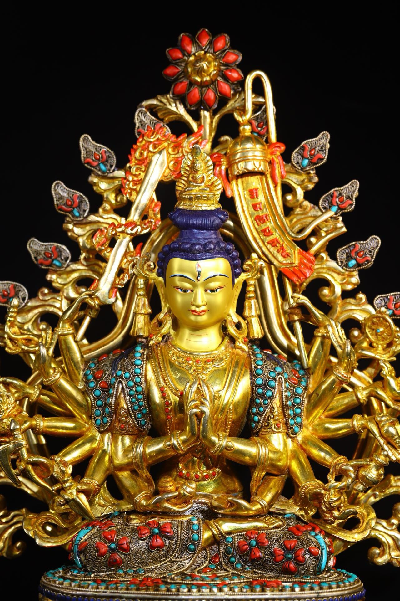 Copper gold-plated filigree inlaid with gemstones, painted with eighteen armed Zhunti Buddha Mother
