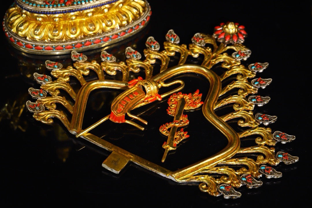 Copper gold-plated filigree inlaid with gemstones, painted with eighteen armed Zhunti Buddha Mother