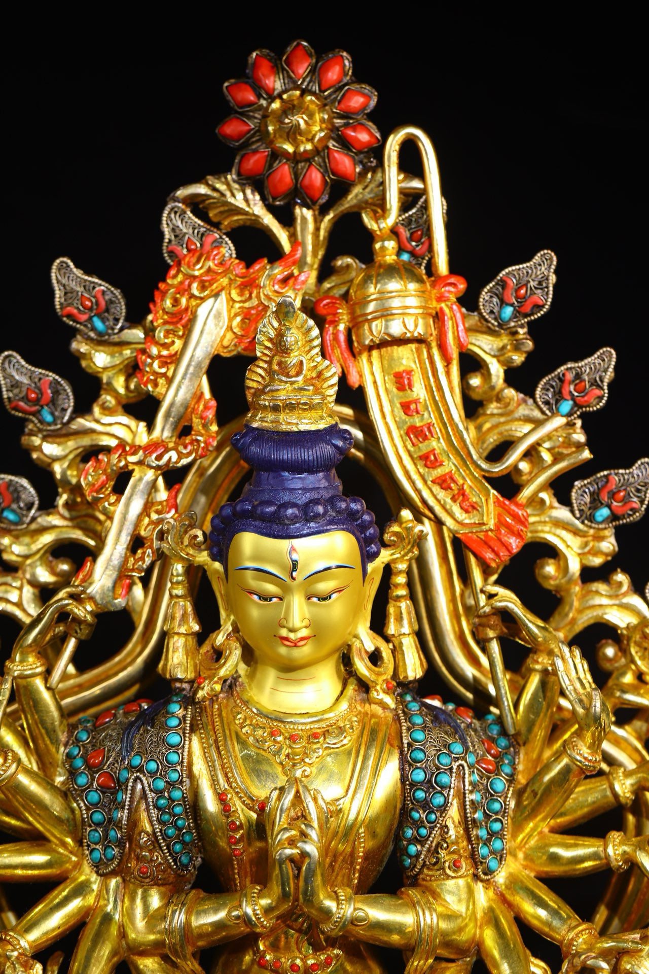Copper gold-plated filigree inlaid with gemstones, painted with eighteen armed Zhunti Buddha Mother