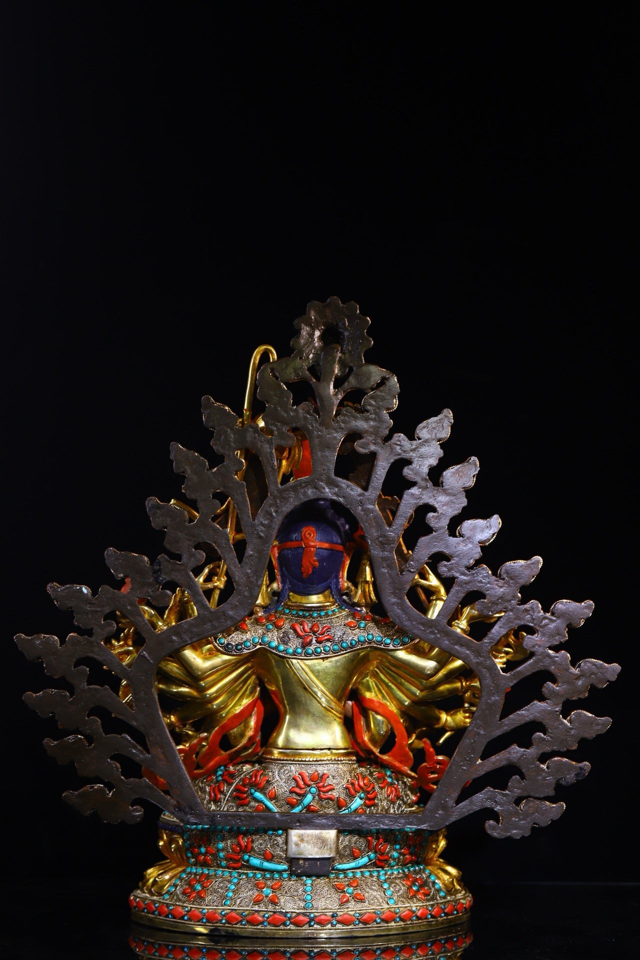 Copper gold-plated filigree inlaid with gemstones, painted with eighteen armed Zhunti Buddha Mother