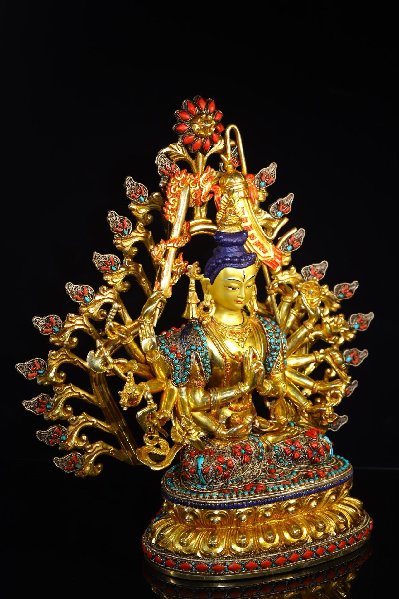 Copper gold-plated filigree inlaid with gemstones, painted with eighteen armed Zhunti Buddha Mother