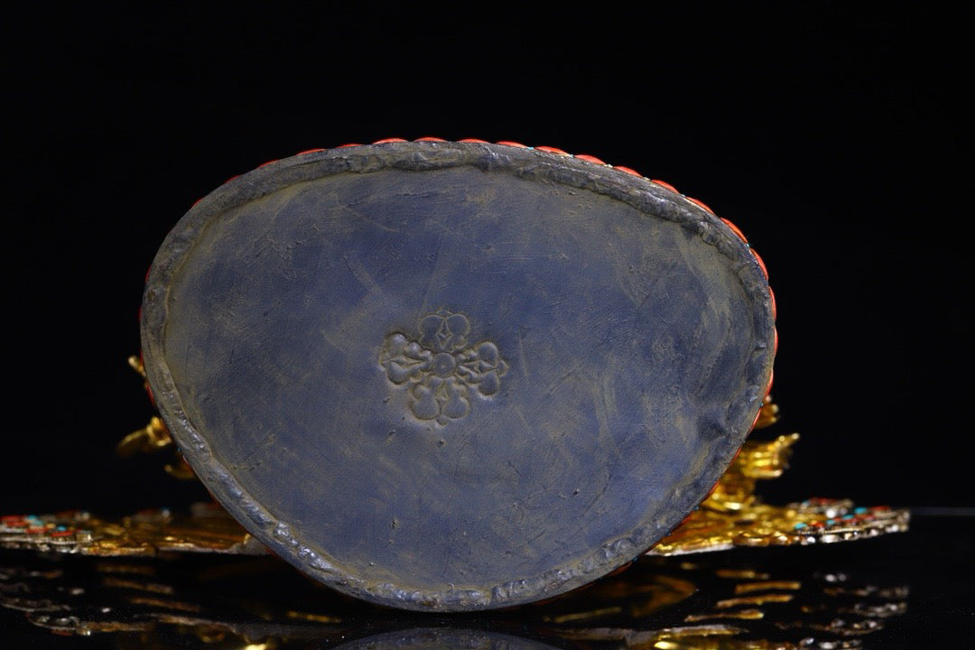 Copper gold-plated filigree inlaid with gemstones, painted with eighteen armed Zhunti Buddha Mother