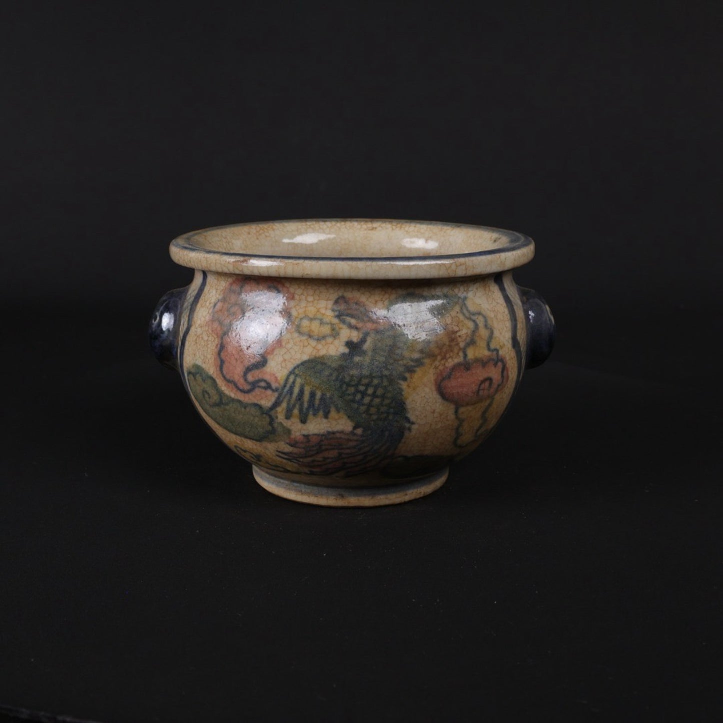 Blue and white glazed red phoenix patterned small incense burner