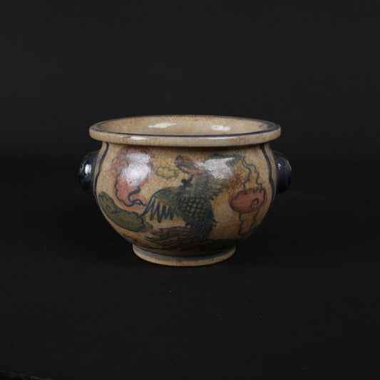 Blue and white glazed red phoenix patterned small incense burner