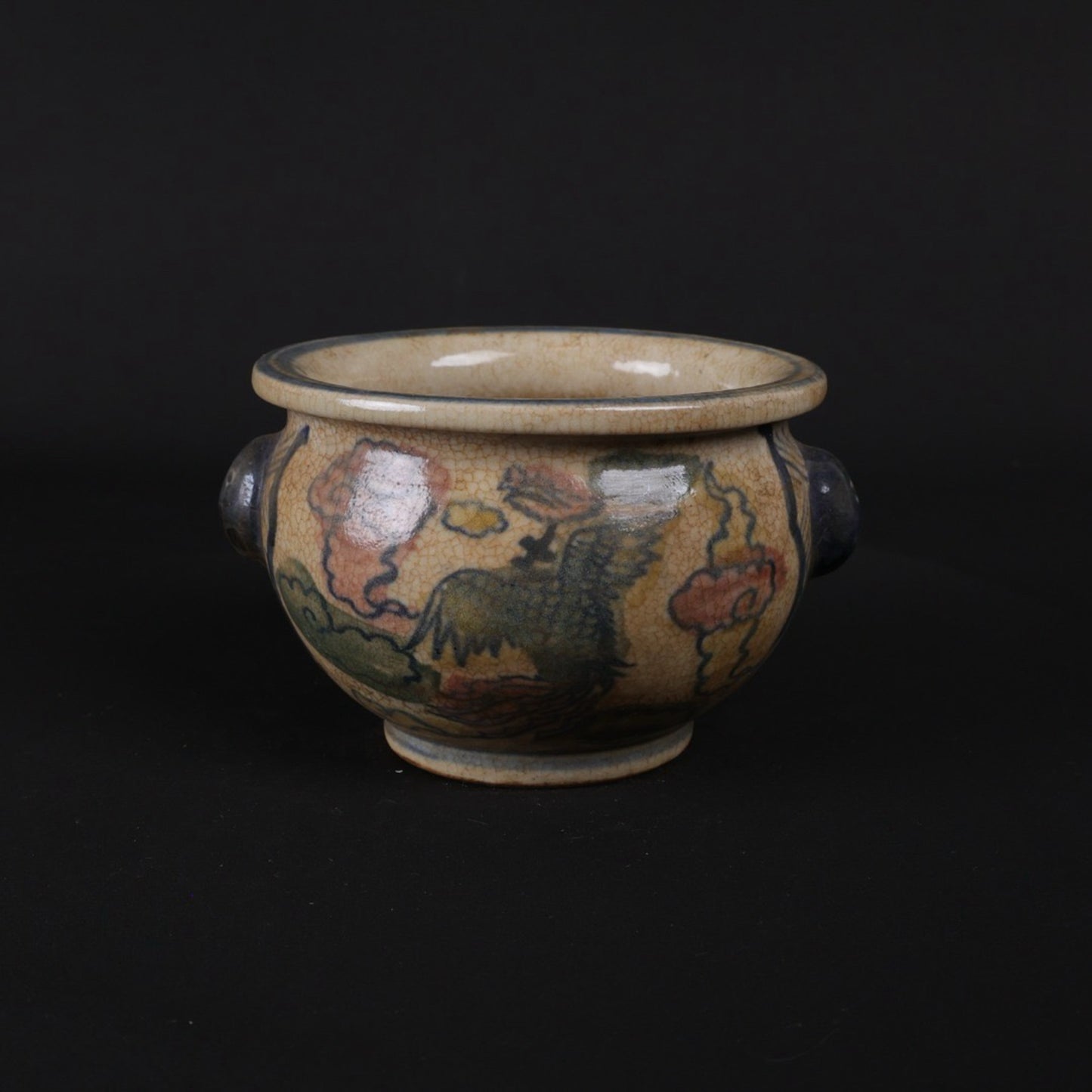 Blue and white glazed red phoenix patterned small incense burner