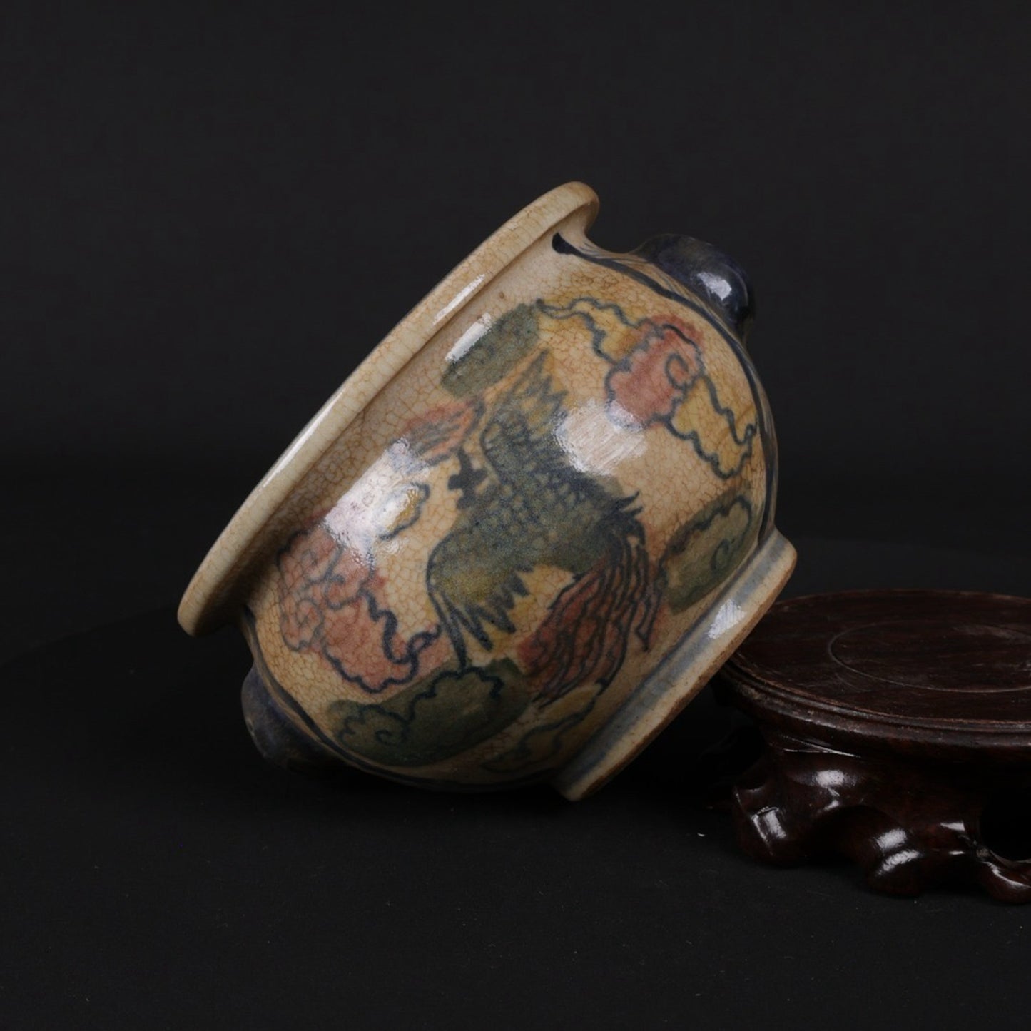 Blue and white glazed red phoenix patterned small incense burner