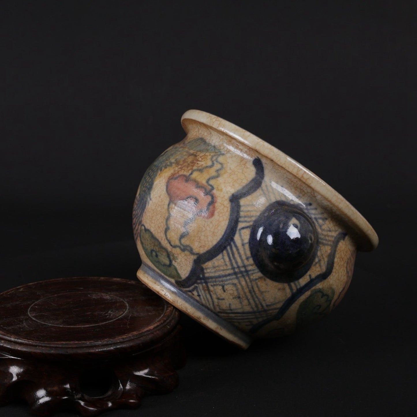 Blue and white glazed red phoenix patterned small incense burner