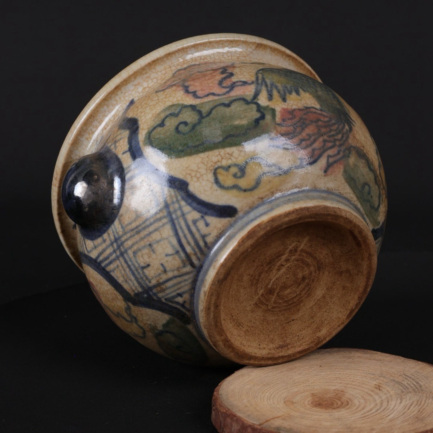 Blue and white glazed red phoenix patterned small incense burner