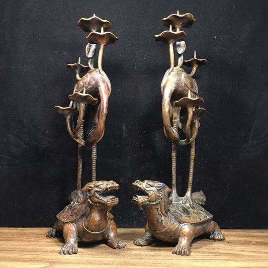 A pair of Chinese antique pure copper turtle and crane wax platforms