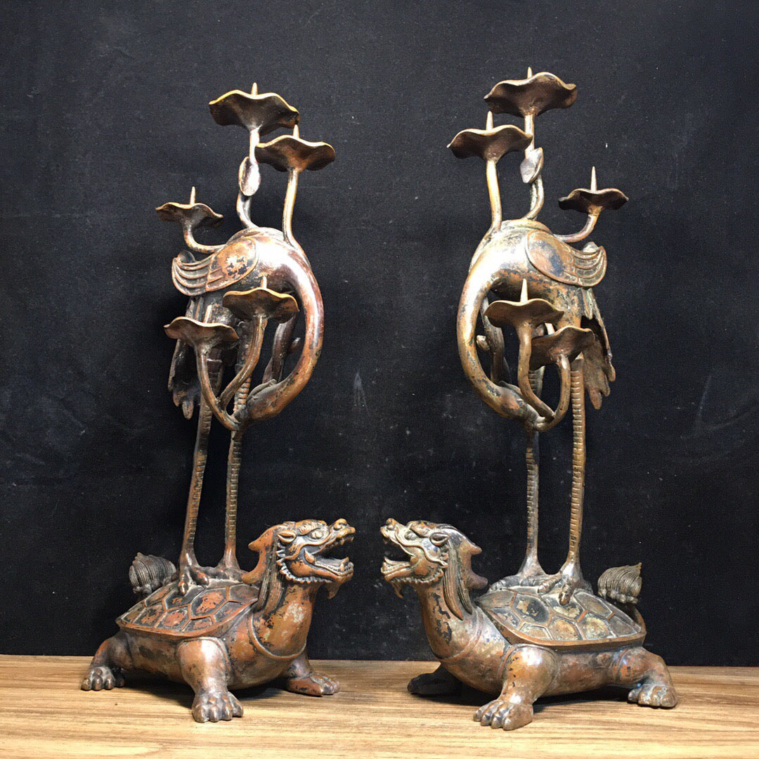 A pair of Chinese antique pure copper turtle and crane wax platforms