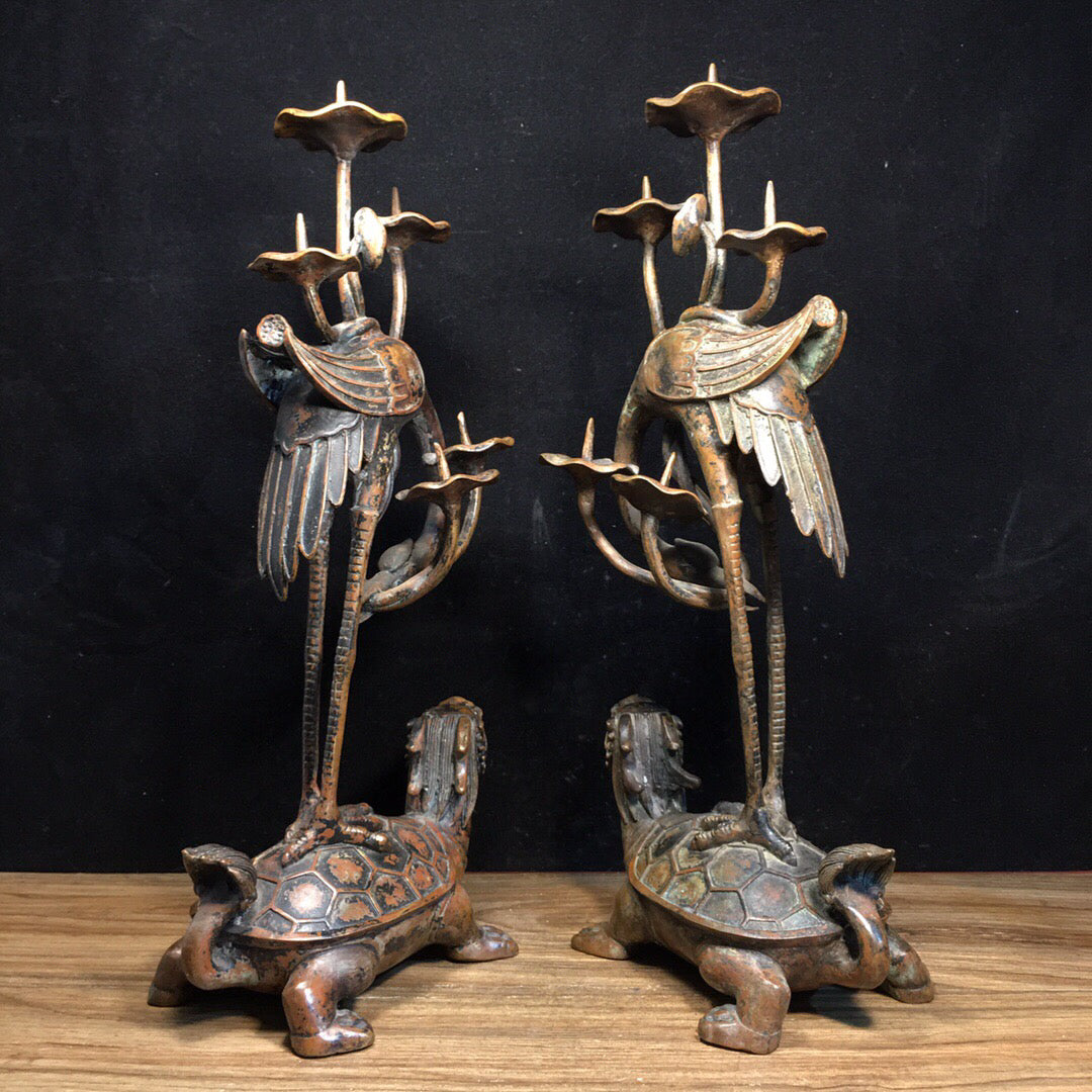 A pair of Chinese antique pure copper turtle and crane wax platforms