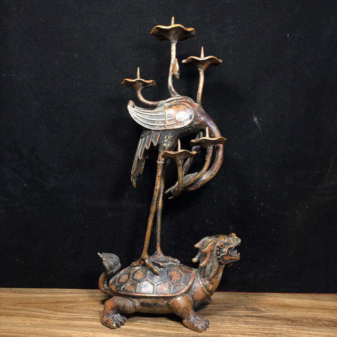 A pair of Chinese antique pure copper turtle and crane wax platforms