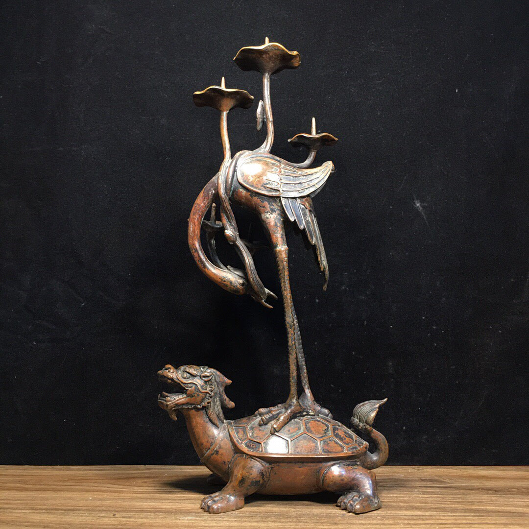 A pair of Chinese antique pure copper turtle and crane wax platforms