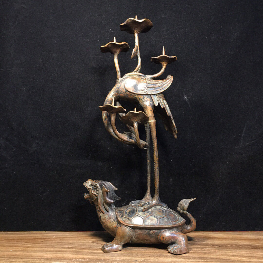 A pair of Chinese antique pure copper turtle and crane wax platforms