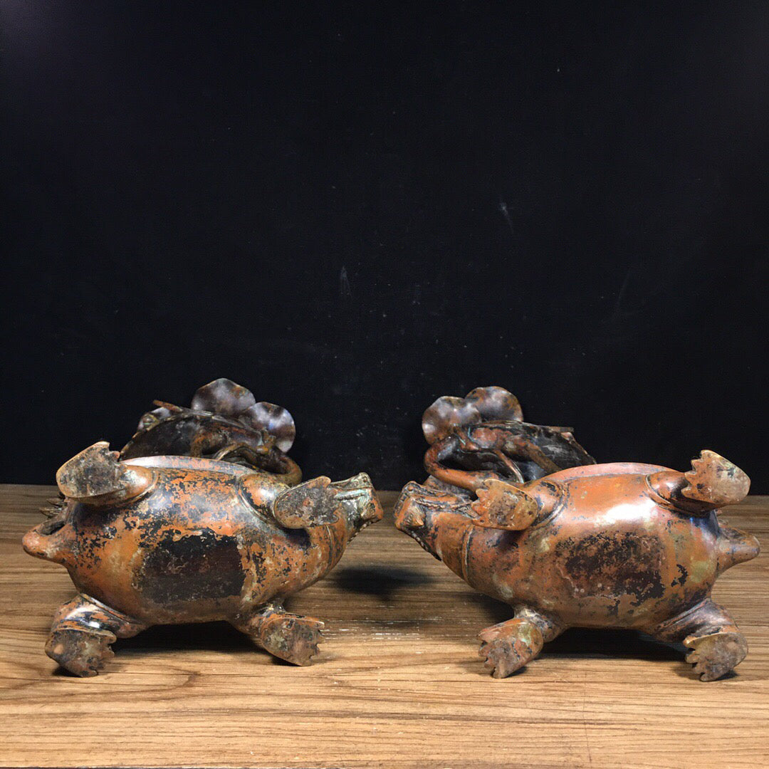 A pair of Chinese antique pure copper turtle and crane wax platforms