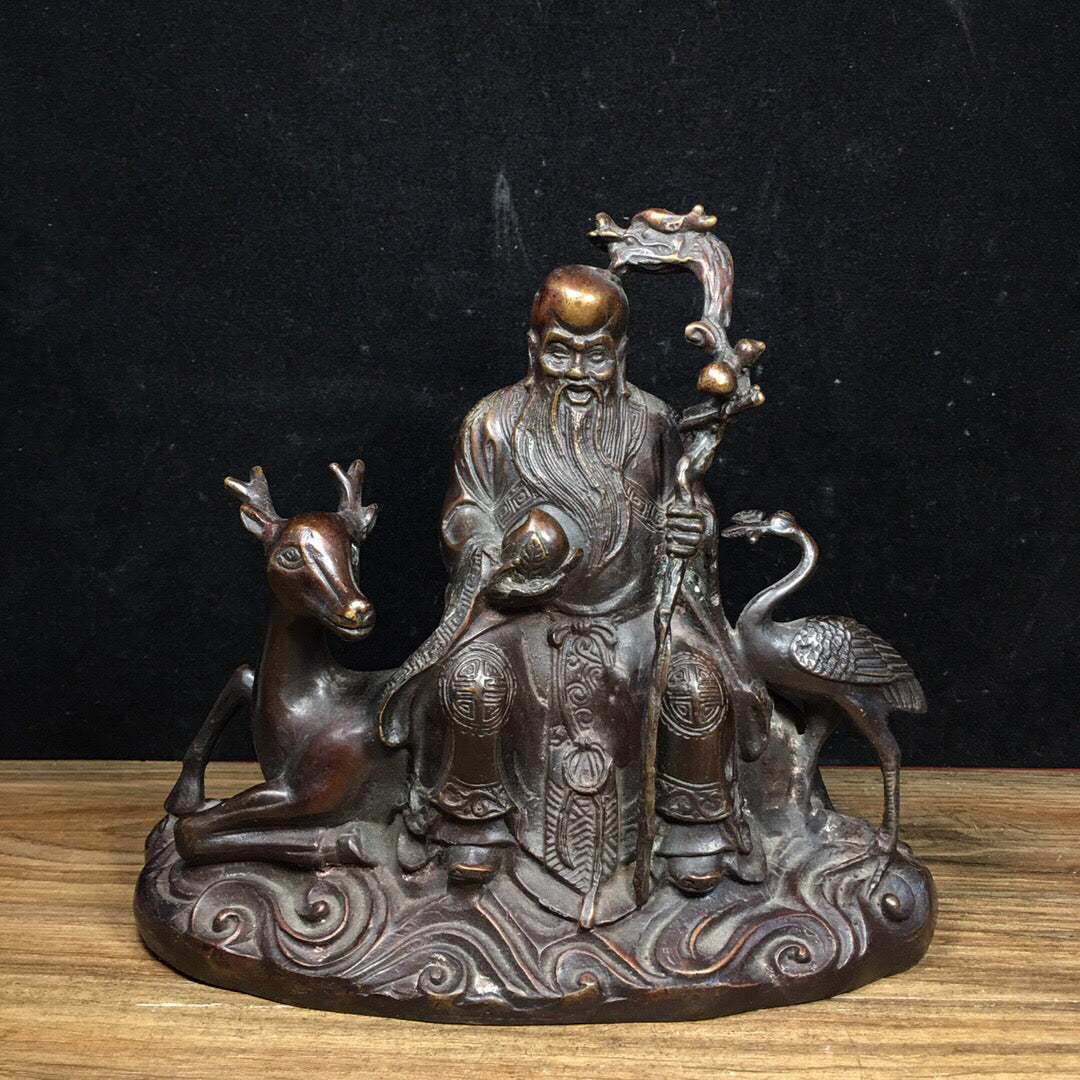 Chinese Antique Pure Copper Crane Longevity Star Sika Deer