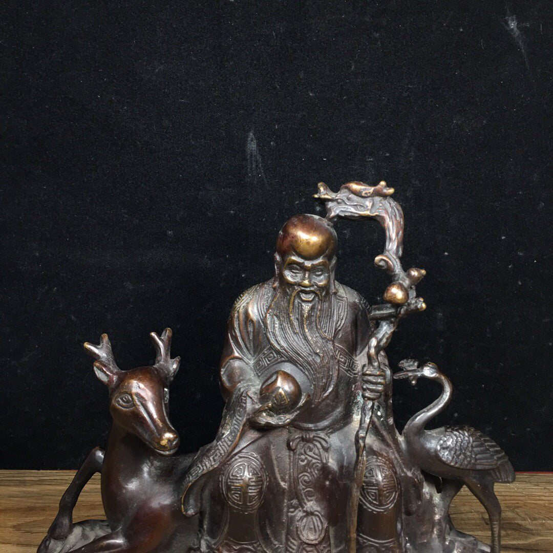 Chinese Antique Pure Copper Crane Longevity Star Sika Deer
