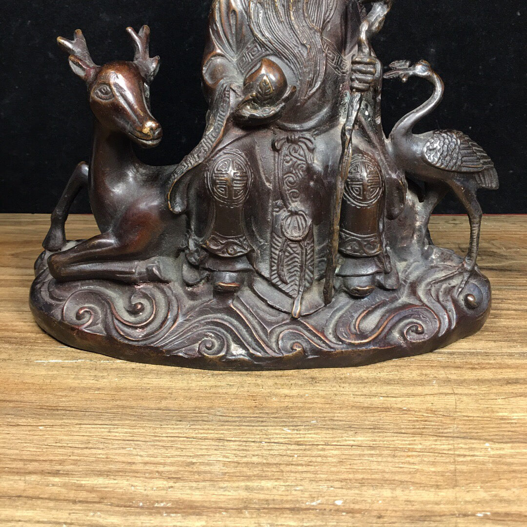 Chinese Antique Pure Copper Crane Longevity Star Sika Deer