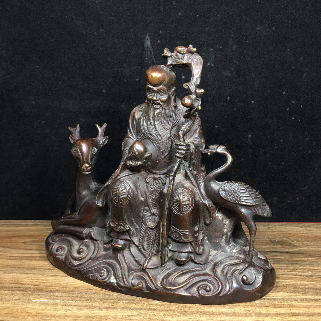 Chinese Antique Pure Copper Crane Longevity Star Sika Deer