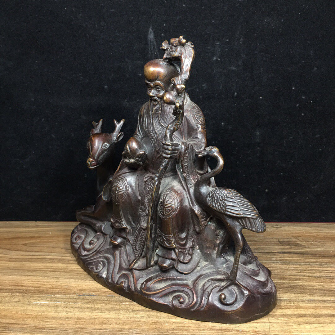Chinese Antique Pure Copper Crane Longevity Star Sika Deer