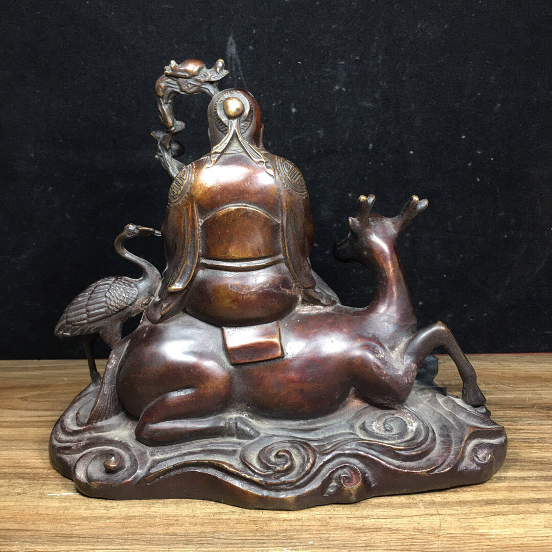 Chinese Antique Pure Copper Crane Longevity Star Sika Deer