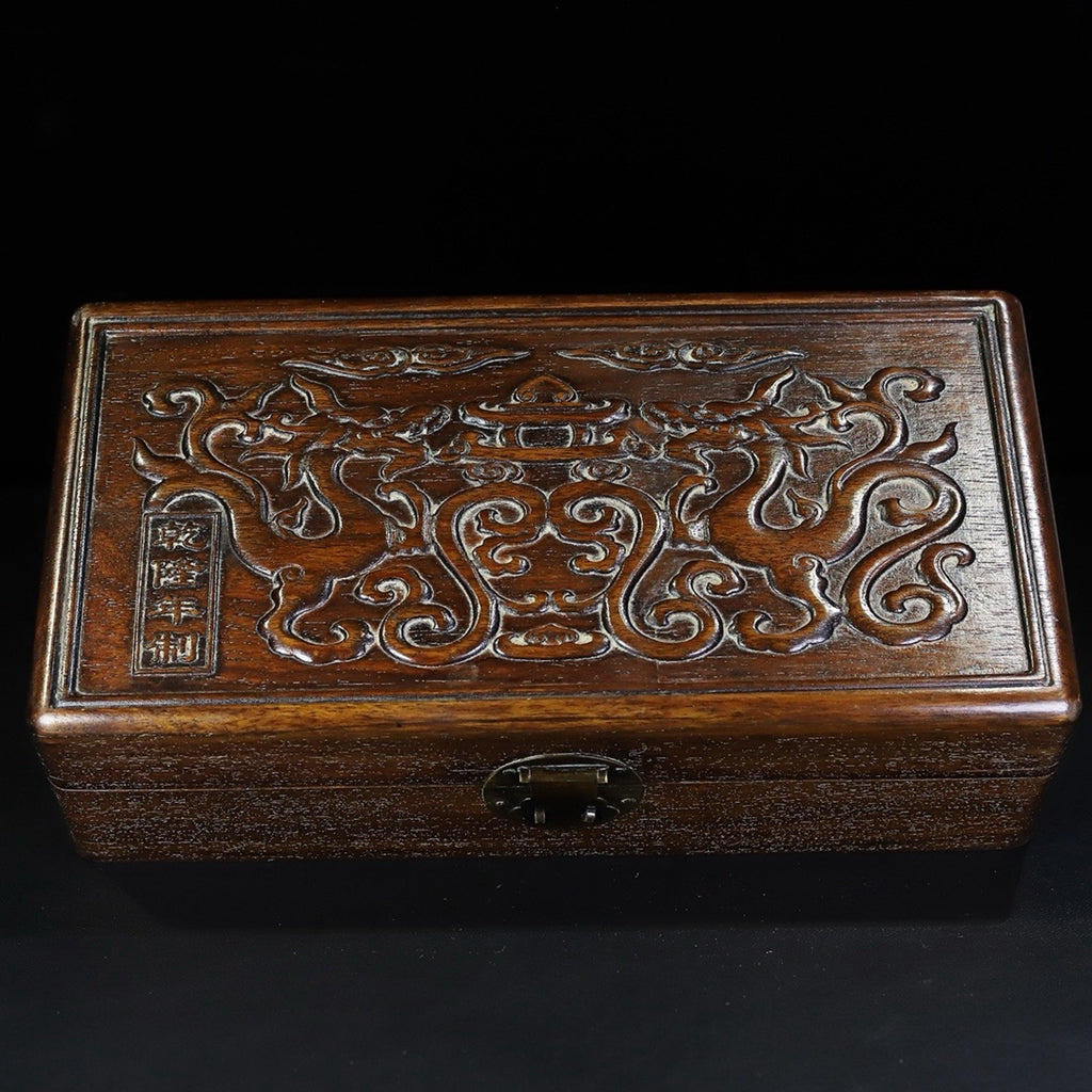 Pear wood carved auspicious dragon multi treasure box