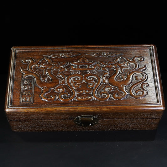 Pear wood carved auspicious dragon multi treasure box