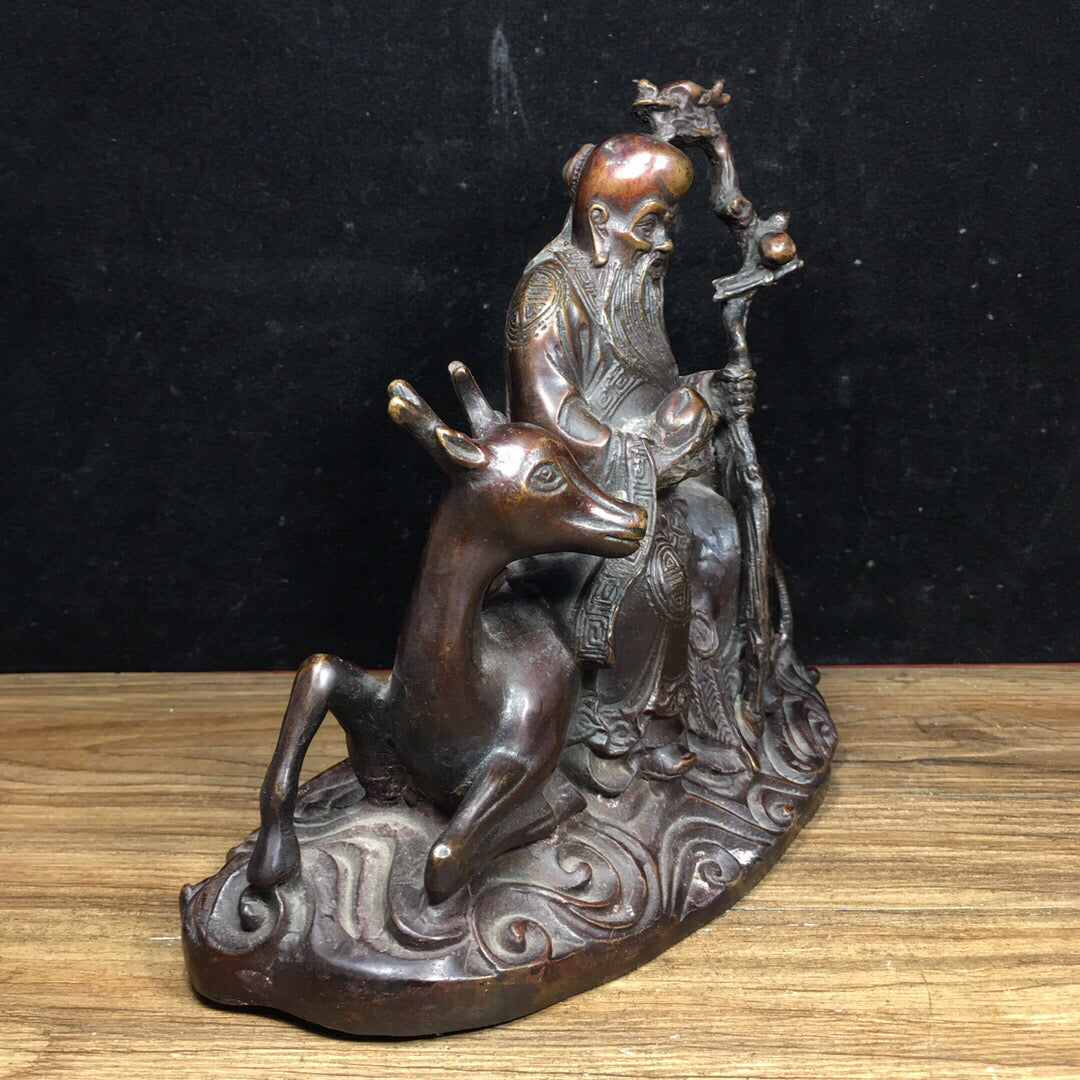 Chinese Antique Pure Copper Crane Longevity Star Sika Deer