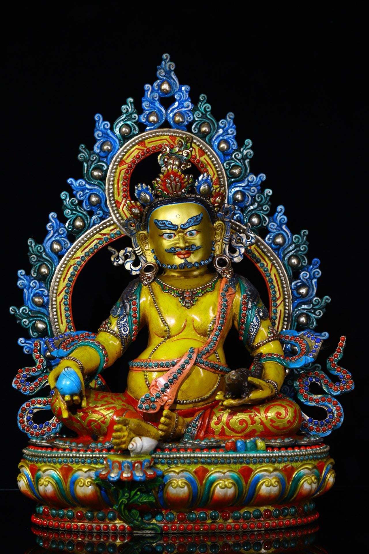 Lima Copper Handcrafted with Carved Colored Paintings Inlaid with Gemstones, Yellow God of Wealth