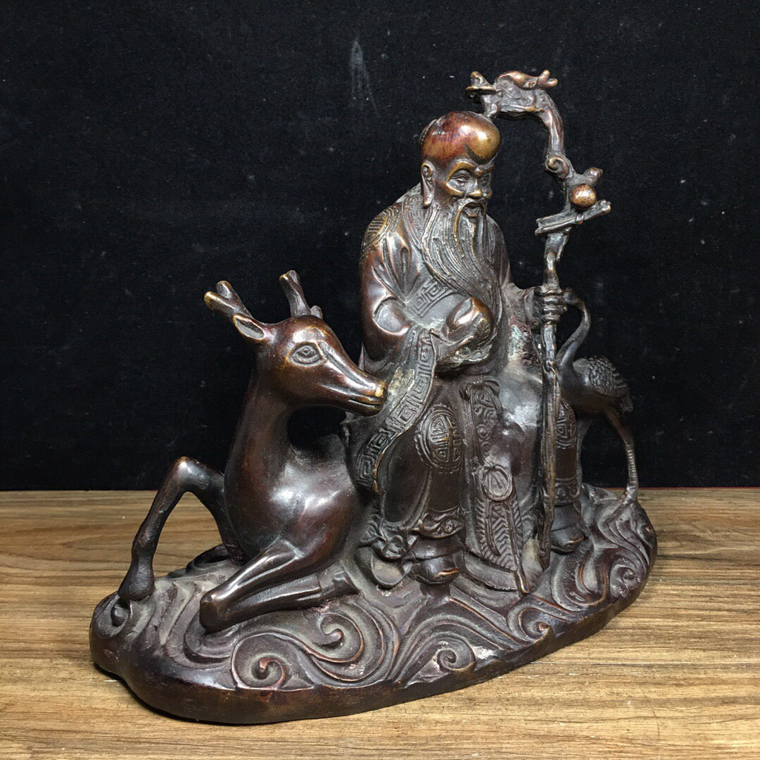 Chinese Antique Pure Copper Crane Longevity Star Sika Deer