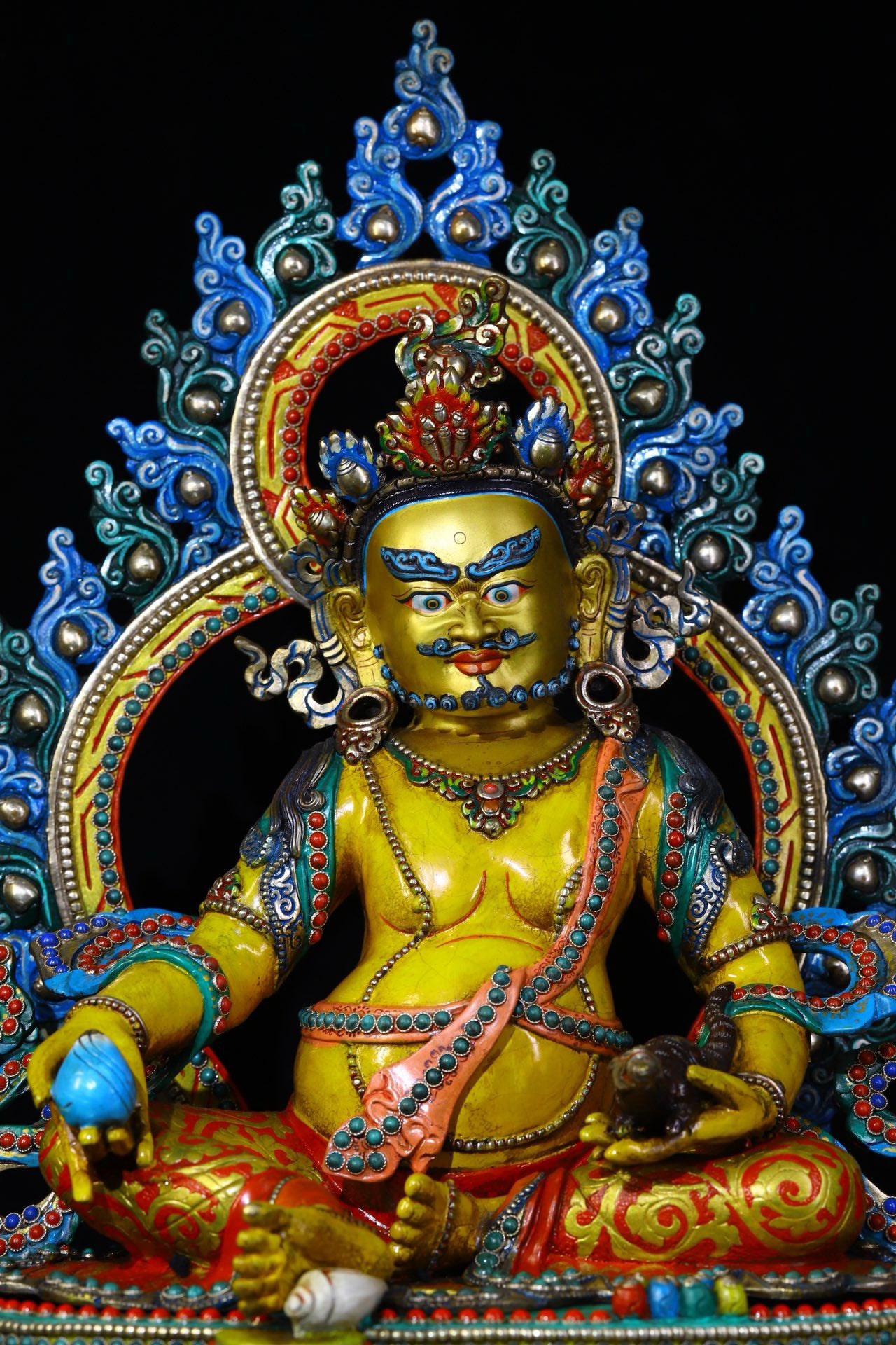 Lima Copper Handcrafted with Carved Colored Paintings Inlaid with Gemstones, Yellow God of Wealth