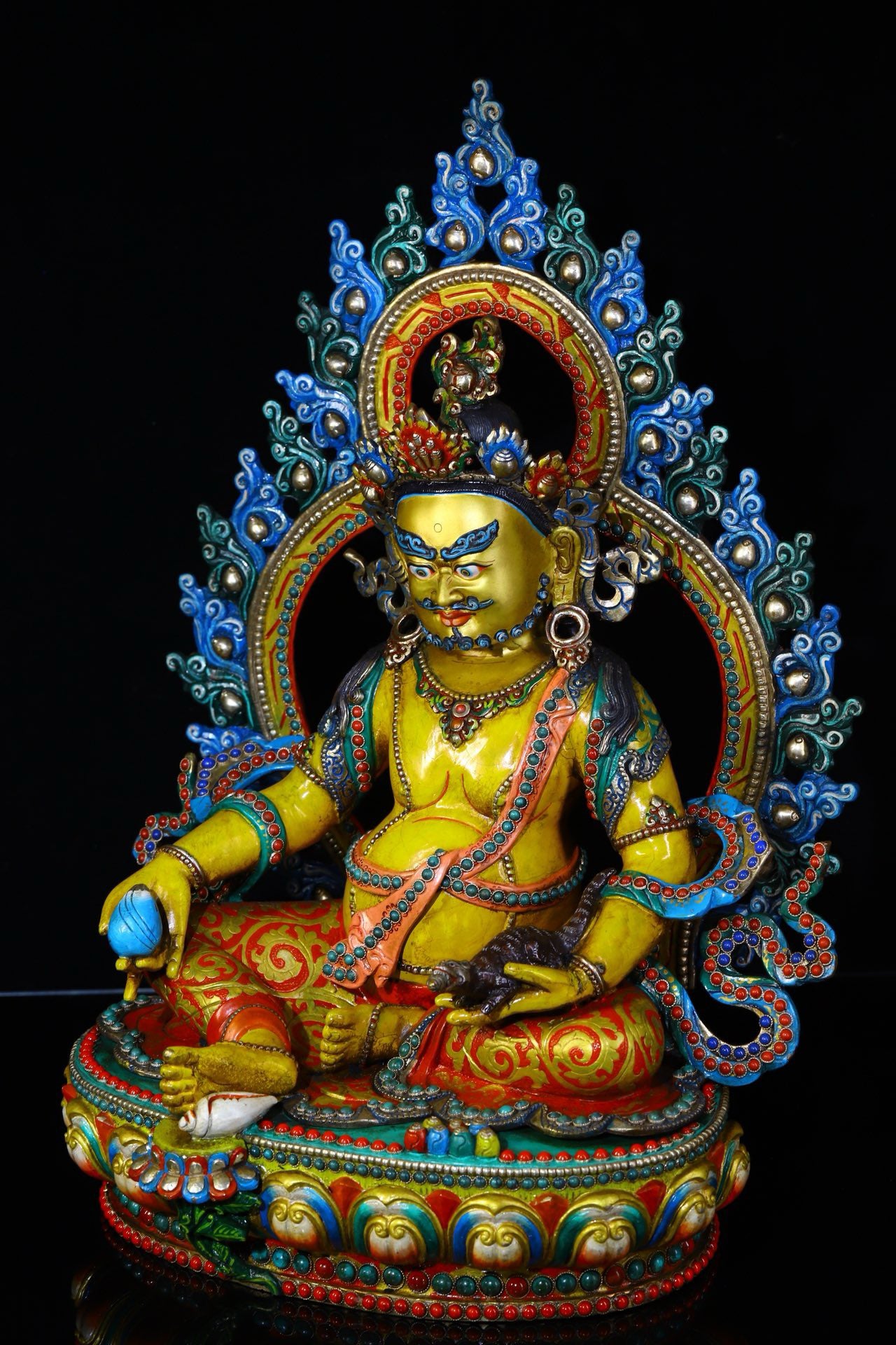 Lima Copper Handcrafted with Carved Colored Paintings Inlaid with Gemstones, Yellow God of Wealth