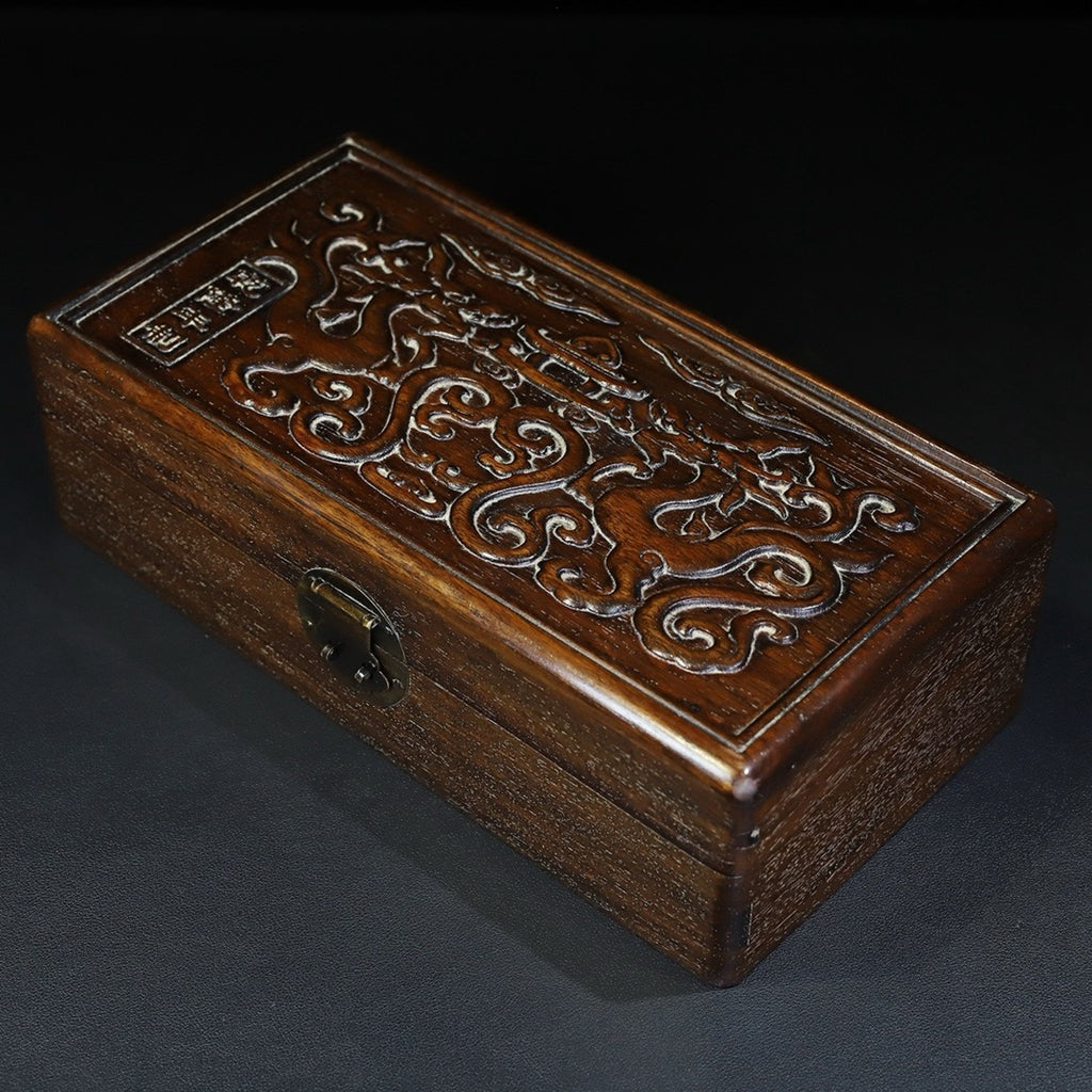 Pear wood carved auspicious dragon multi treasure box