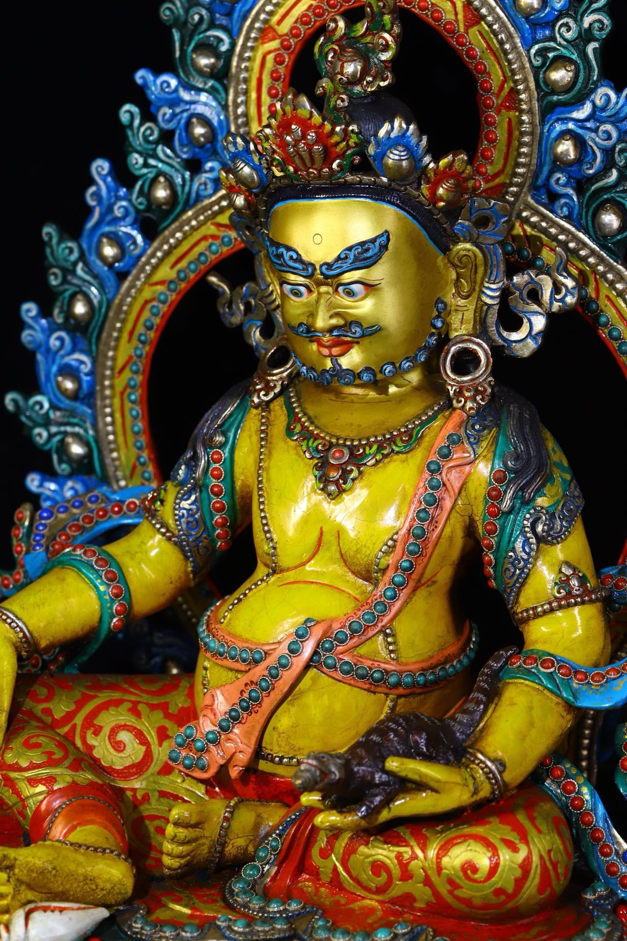 Lima Copper Handcrafted with Carved Colored Paintings Inlaid with Gemstones, Yellow God of Wealth