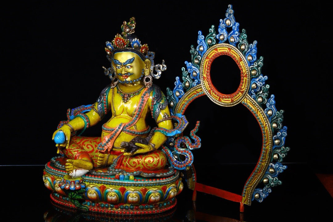 Lima Copper Handcrafted with Carved Colored Paintings Inlaid with Gemstones, Yellow God of Wealth
