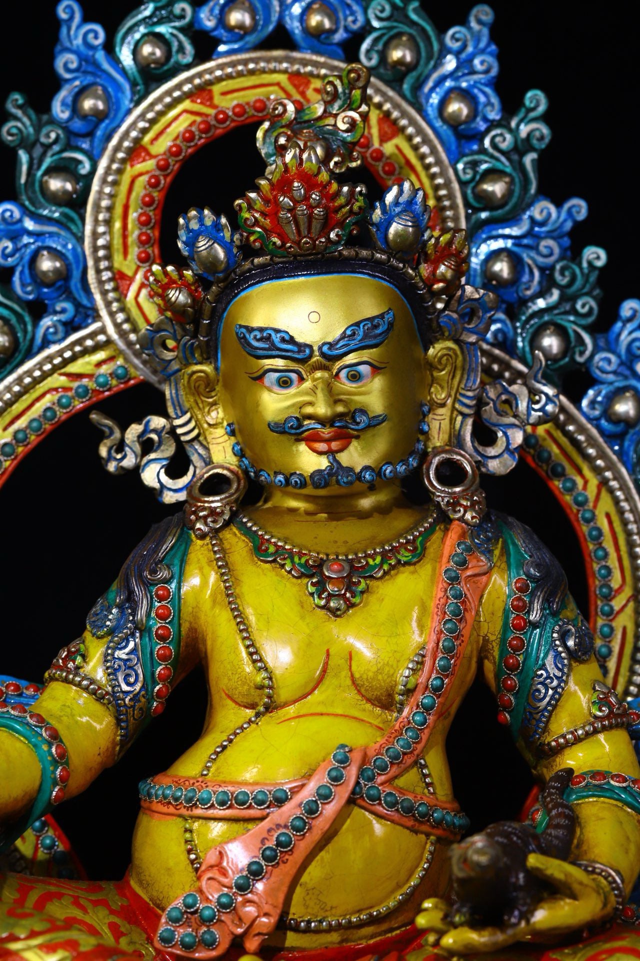 Lima Copper Handcrafted with Carved Colored Paintings Inlaid with Gemstones, Yellow God of Wealth