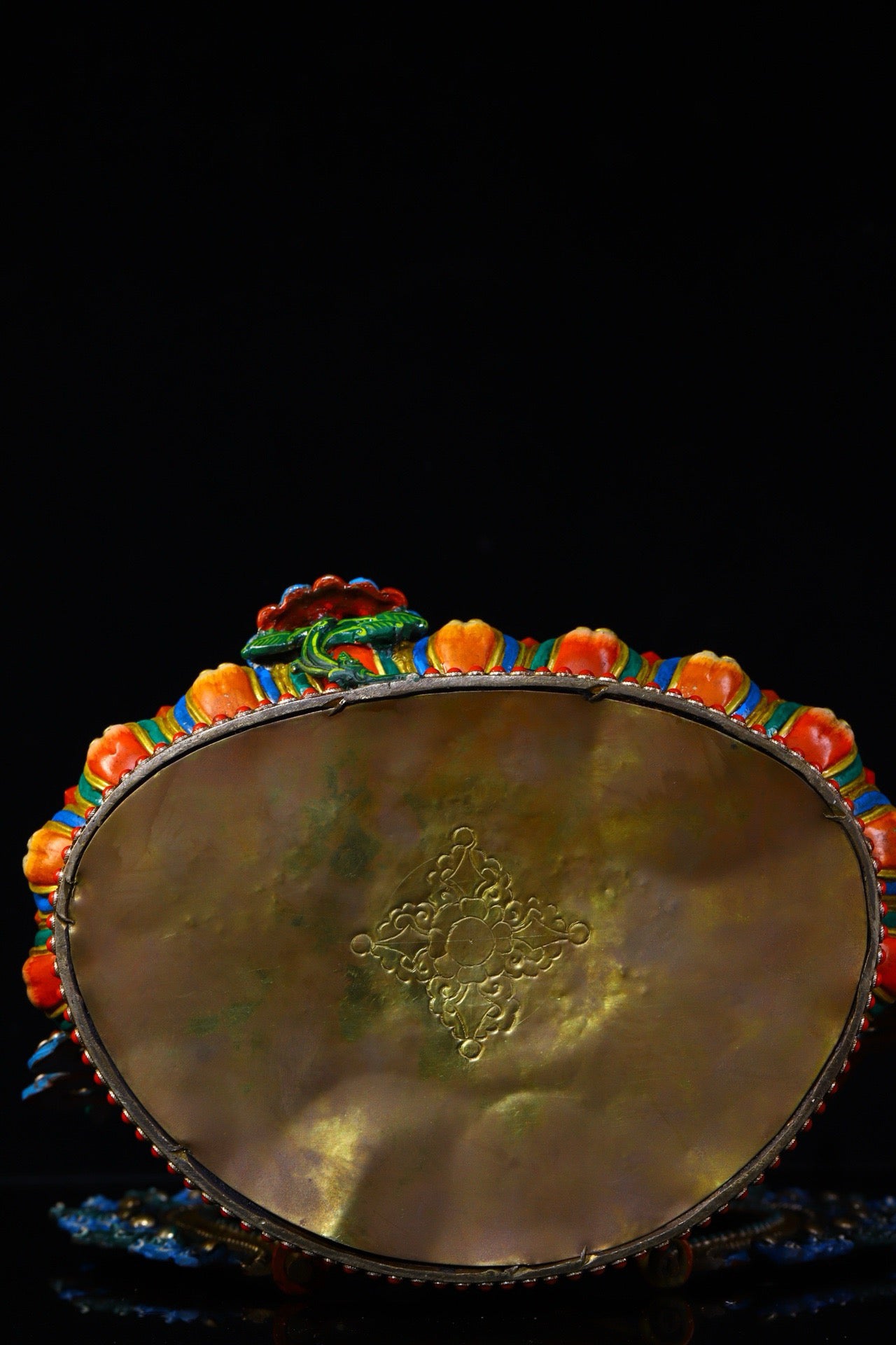 Lima Copper Handcrafted with Carved Colored Paintings Inlaid with Gemstones, Yellow God of Wealth