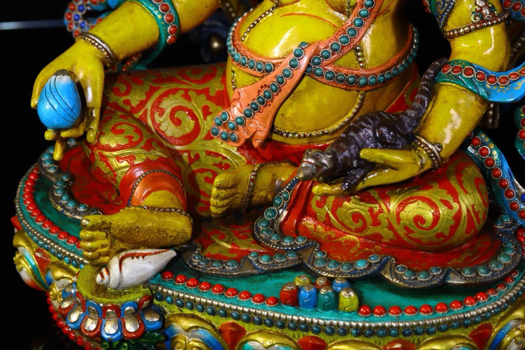 Lima Copper Handcrafted with Carved Colored Paintings Inlaid with Gemstones, Yellow God of Wealth