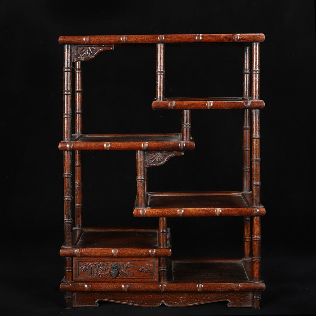 Hua Li Mu carved bamboo joint with drawer Bo Gu shelf