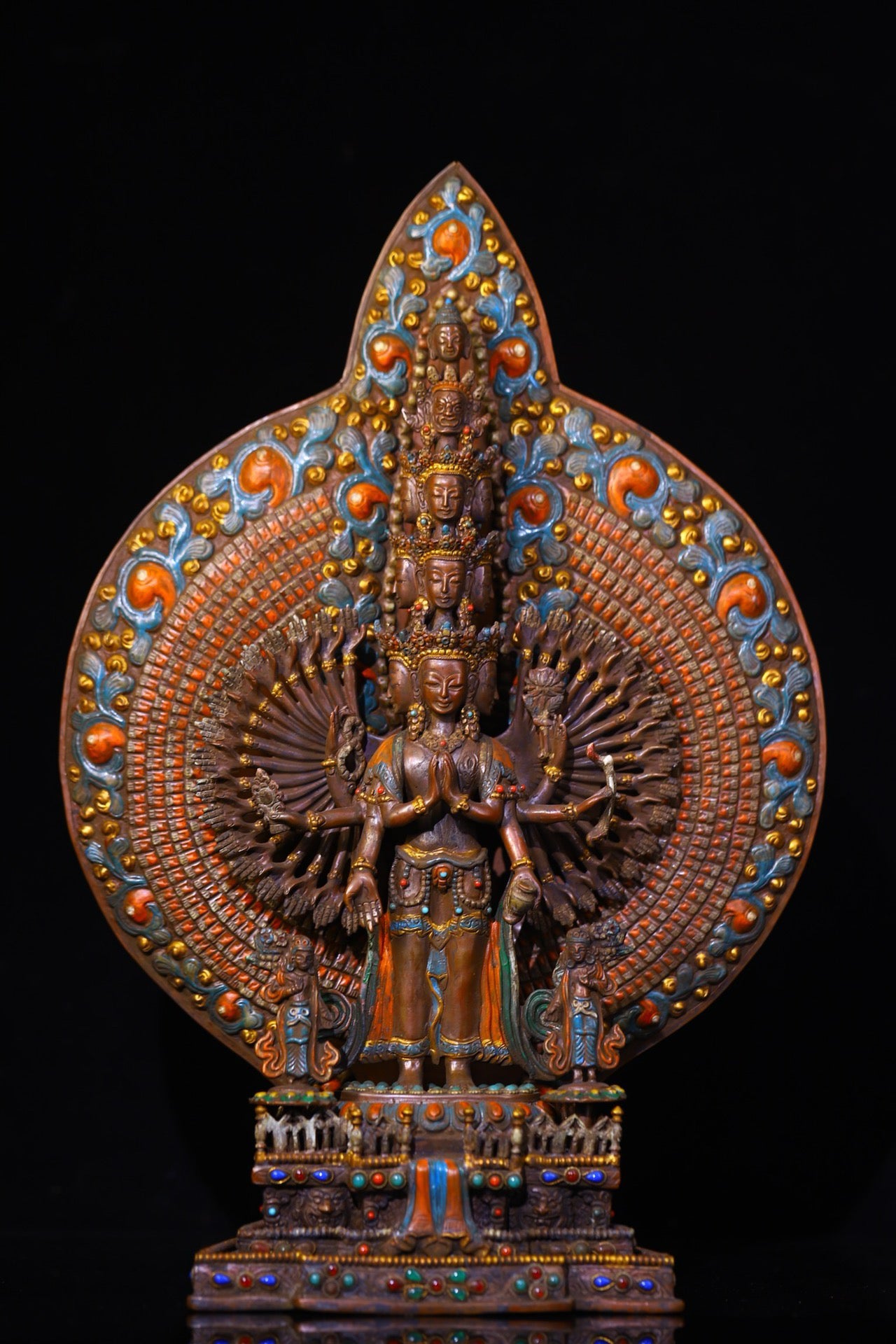 Pure handmade striking of purple copper, carving of Thousand Handed Guanyin